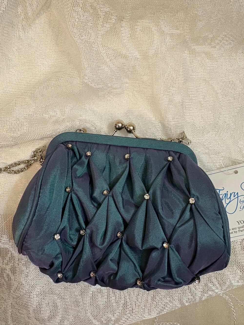 Fairy Dust by Paris Hilton Dark Teal Taffeta Clutch with Rhinestone Chain Strap